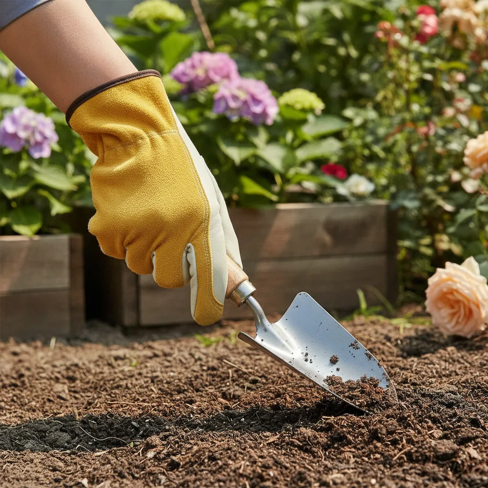 Les gants de jardinage utilisés avec une truelle